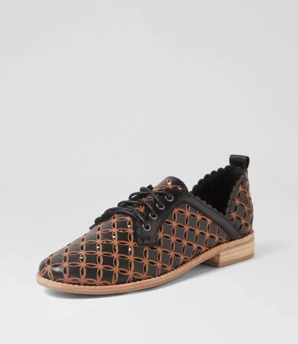 Women DJANGO & JULIETTE Allosier Black Tan Leather Lace Up Flats