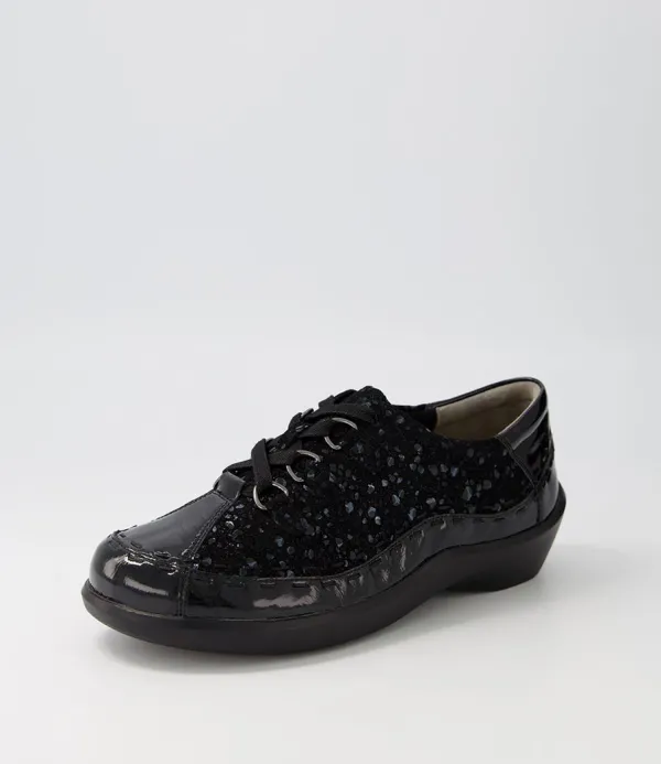 Women ZIERA Allsorts Xw Black Sparkle Lace Up Flats