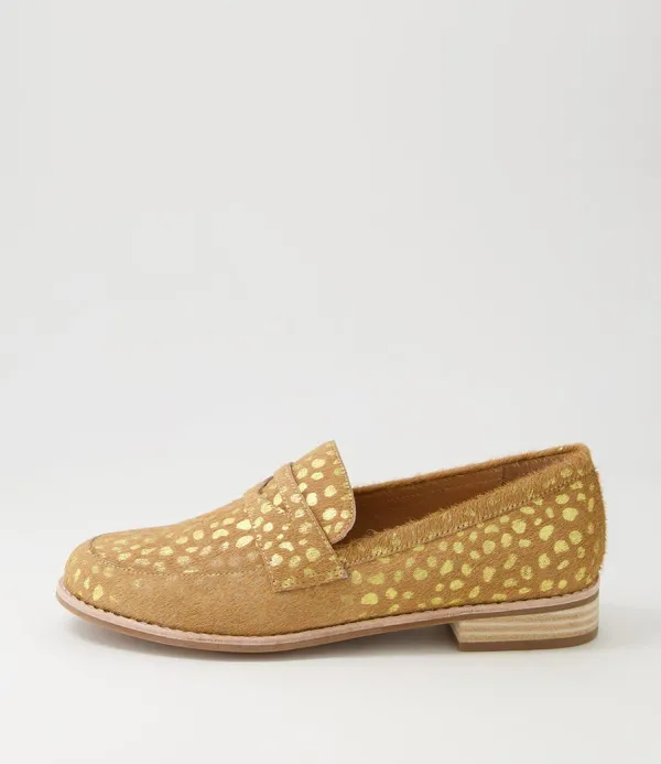Women DJANGO & JULIETTE Avetta Camel Gold Dot Leopard Pony Loafers
