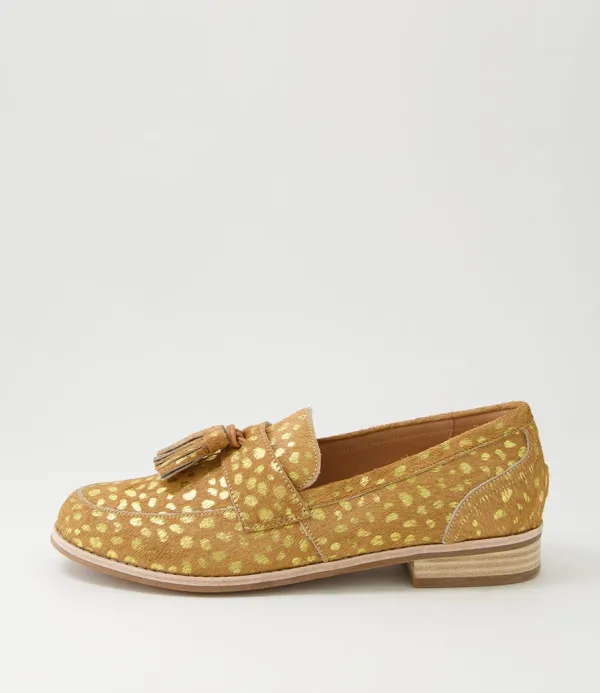 Women DJANGO & JULIETTE Aydin Camel Gold Dot Leopard Pony Loafers