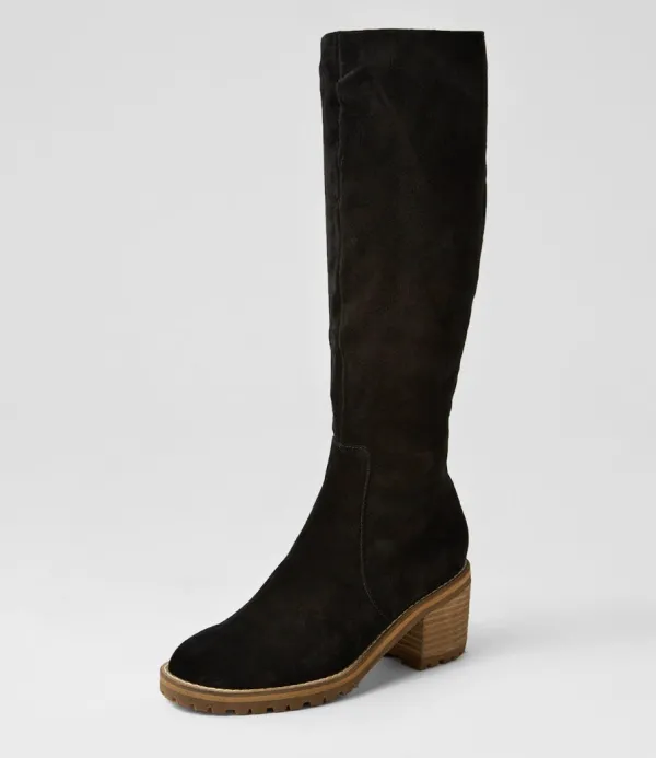 Women MOLLINI Balt Black Natural Heel Suede Knee High Boots