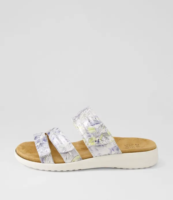 Women ZIERA Barbra Xw Navy Silver Floral White Leather Slides