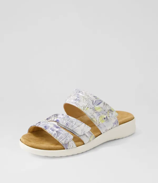 Women ZIERA Barbra Xw Navy Silver Floral White Leather Slides