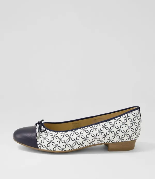 Women ARA Bari 21 Navy White Leather Ballet Flats