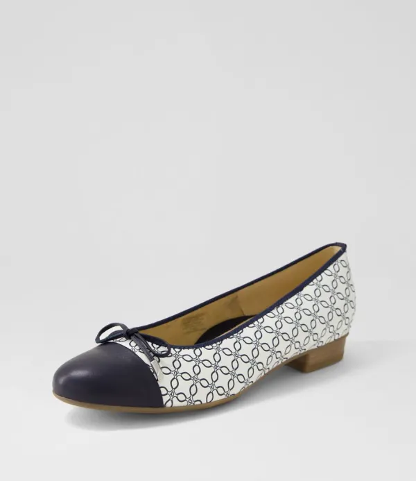 Women ARA Bari 21 Navy White Leather Ballet Flats