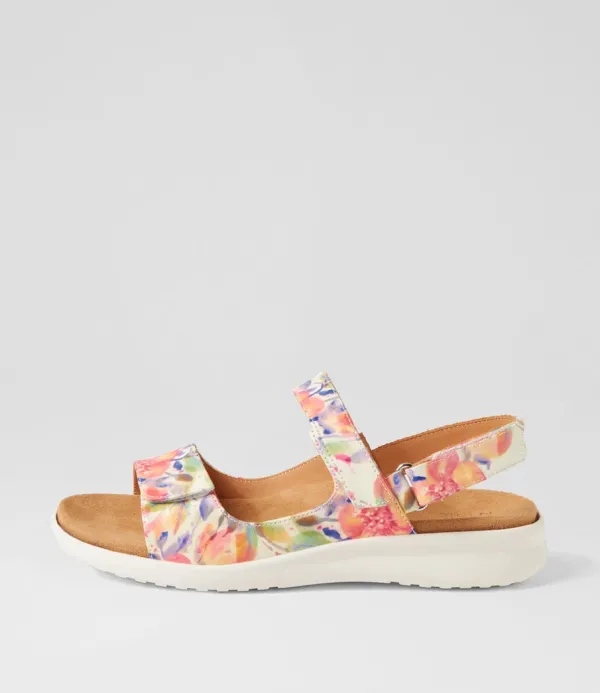 Women ZIERA Benji Xw Orange Floral White Leather Sandals