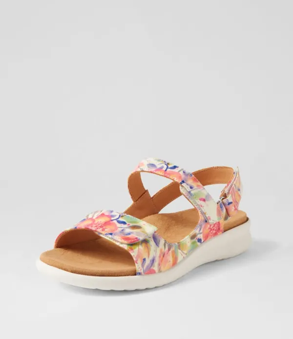 Women ZIERA Benji Xw Orange Floral White Leather Sandals