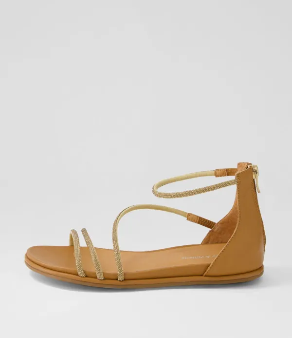 Women DJANGO & JULIETTE Bonn Tan Jewel Fabric Leather Sandals