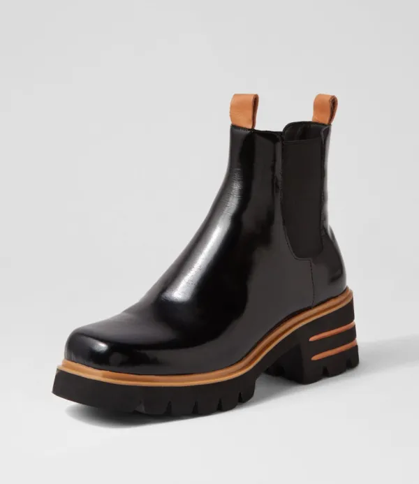 Women DJANGO & JULIETTE Breda Black Box Tan Leather Chelsea Boots