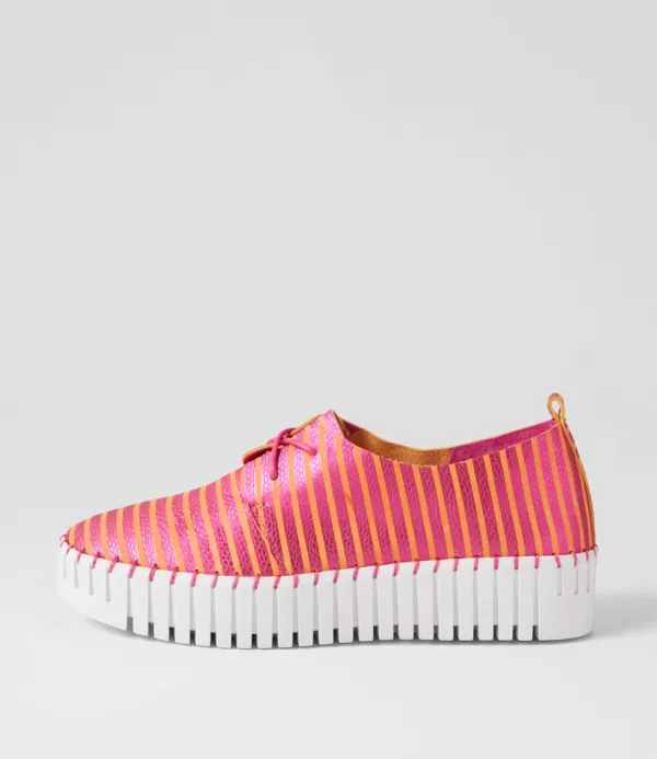 Women DJANGO & JULIETTE Brenda Fuchsia Orange Stripe Leather Sneakers