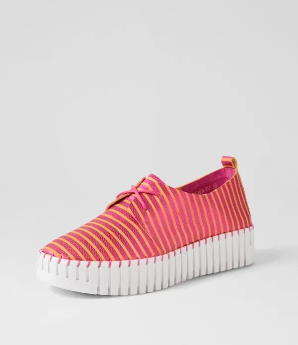 Women DJANGO & JULIETTE Brenda Fuchsia Orange Stripe Leather Sneakers