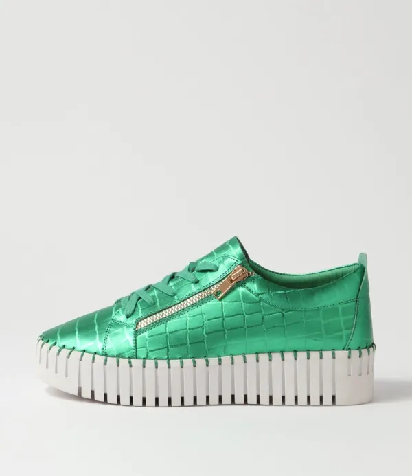 Women DJANGO & JULIETTE Bump Emerald White Croc Leather Sneakers