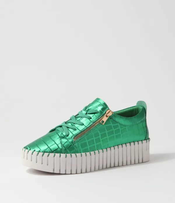 Women DJANGO & JULIETTE Bump Emerald White Croc Leather Sneakers