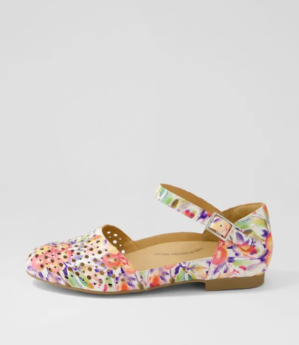 Women ZIERA Carrole Xf Orange Floral Leather Flat Shoes