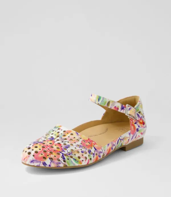 Women ZIERA Carrole Xf Orange Floral Leather Flat Shoes