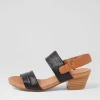 Women TOP END Cartha Black Dark Tan Leather Sandals