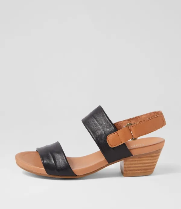 Women TOP END Cartha Black Dark Tan Leather Sandals