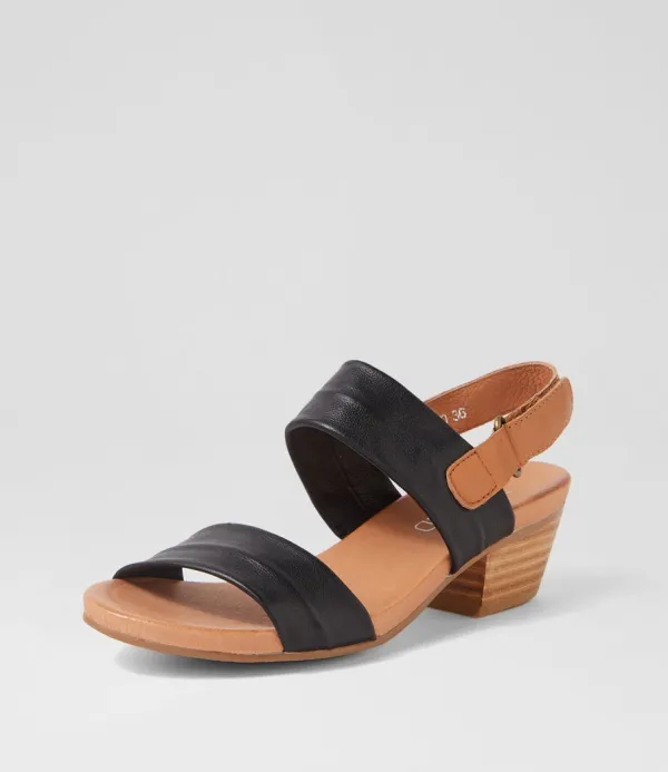 Women TOP END Cartha Black Dark Tan Leather Sandals