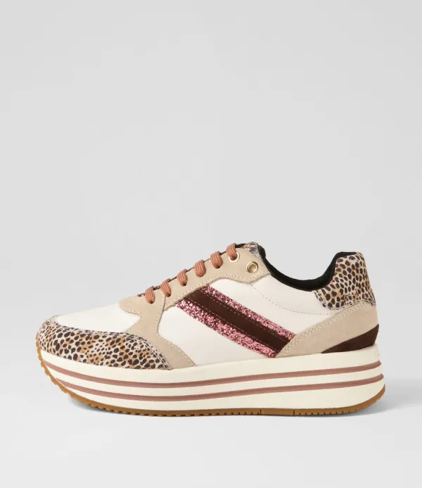 Women GEOX D Kency Off White Light Taupe Leather Suede Sneakers