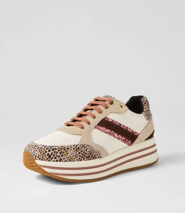 Women GEOX D Kency Off White Light Taupe Leather Suede Sneakers