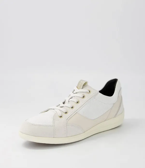 Women GEOX D Myria B Off White Leather Suede Sneakers
