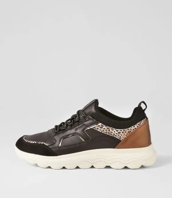 Women GEOX D Spherica C Black Off White Leather Sneakers