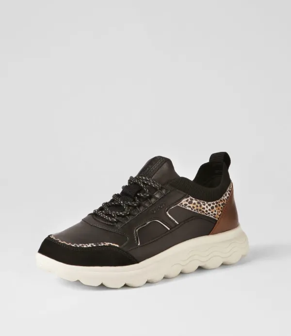 Women GEOX D Spherica C Black Off White Leather Sneakers