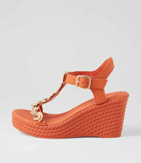 Women DJANGO & JULIETTE Evry Bright Orange Gold Leather Sandals