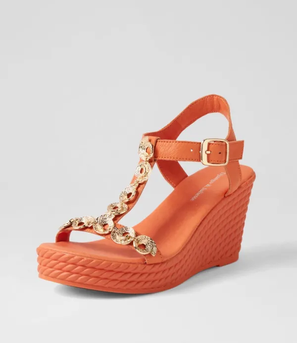Women DJANGO & JULIETTE Evry Bright Orange Gold Leather Sandals
