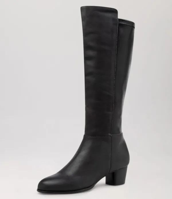 Women ZIERA Gentrys W Black Leather Stretch Knee High Boots