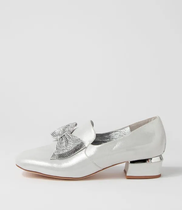 Women DJANGO & JULIETTE Grenada Silver Shimmer Leather Jewels Heels