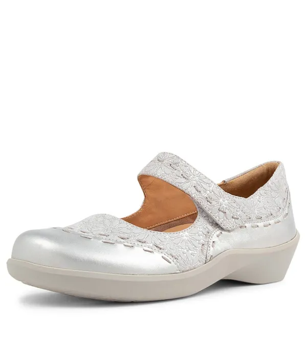 Women ZIERA Gummibear Xw Silver Daisy Leather Flat Shoes