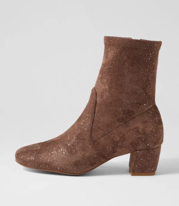 Women DJANGO & JULIETTE Hartful Taupe Sparkle Stretch Microsuede Ankle Boots