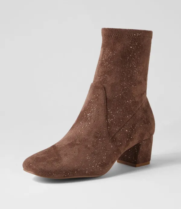 Women DJANGO & JULIETTE Hartful Taupe Sparkle Stretch Microsuede Ankle Boots