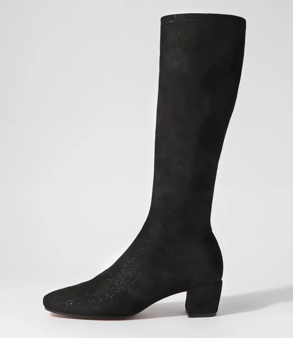 Women DJANGO & JULIETTE Hayleys Black Sparkle Stretch Microsuede Knee High Boots
