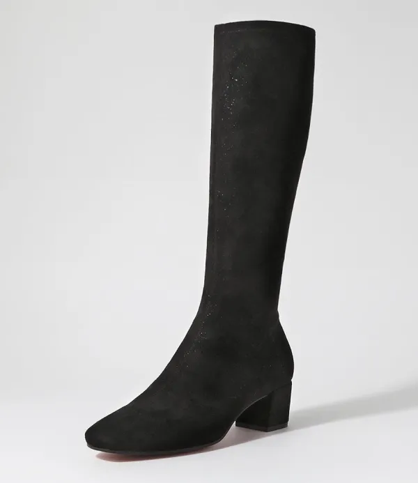 Women DJANGO & JULIETTE Hayleys Black Sparkle Stretch Microsuede Knee High Boots