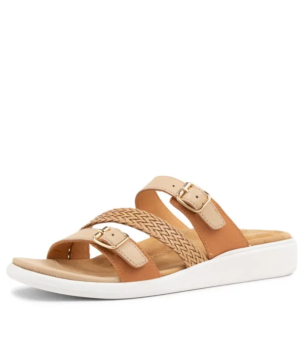 Women ZIERA Ieanny W Camel Multi Leather Weave Slides