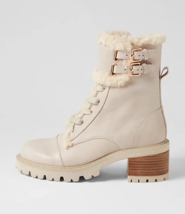 Women TOP END Jenifa Almond Off White Leather Fur Lace Up Boots
