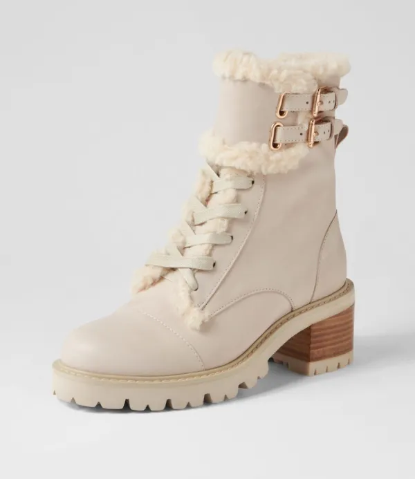 Women TOP END Jenifa Almond Off White Leather Fur Lace Up Boots