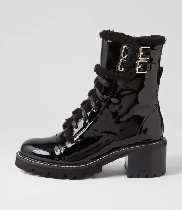Women TOP END Jenifa Black Patent Fur Lace Up Boots