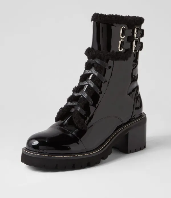 Women TOP END Jenifa Black Patent Fur Lace Up Boots