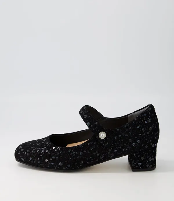 Women ZIERA Kitty W Black Sparkle Suede Mary Jane Heels