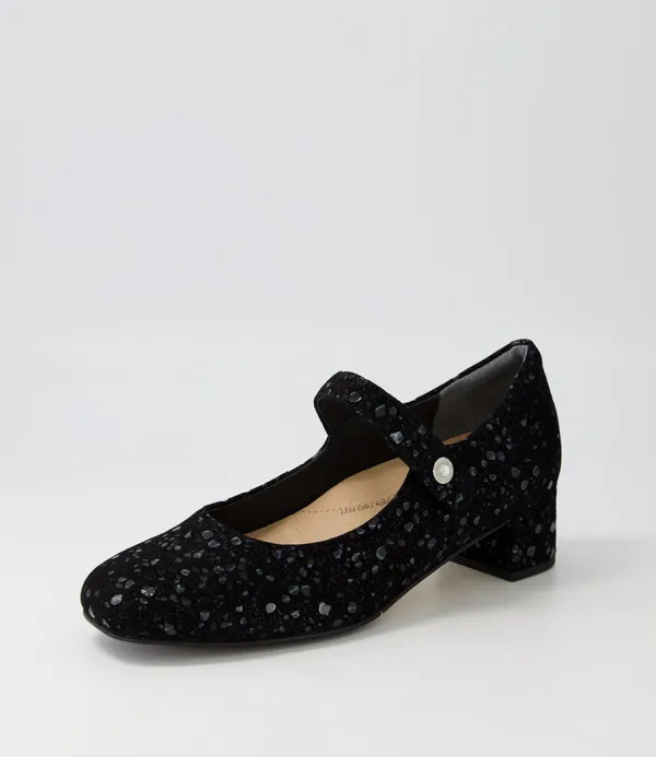 Women ZIERA Kitty W Black Sparkle Suede Mary Jane Heels