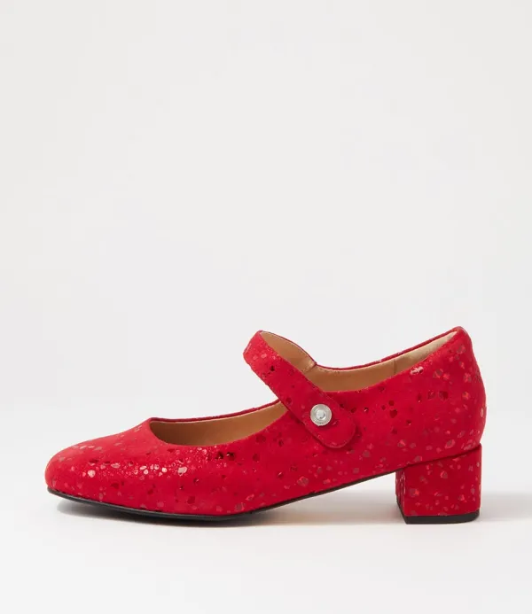 Women ZIERA Kitty W Red Sparkle Suede Mary Jane Heels