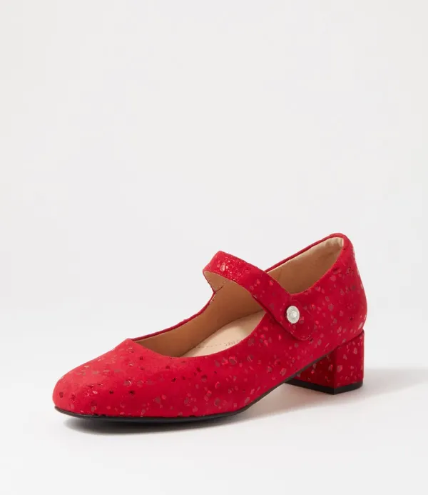 Women ZIERA Kitty W Red Sparkle Suede Mary Jane Heels