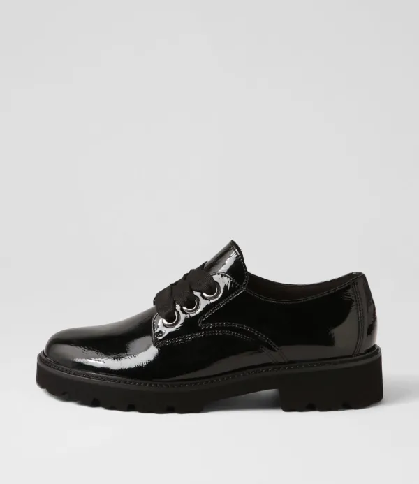 Women GABOR Lina Schwarz Patent Leather Lace Up Flats