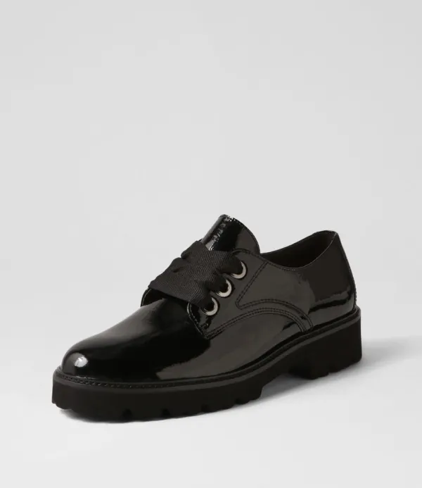 Women GABOR Lina Schwarz Patent Leather Lace Up Flats