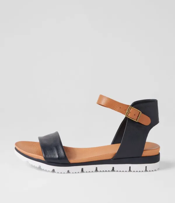 Women DJANGO & JULIETTE Londona Navy Dark Tan Leather Sandals