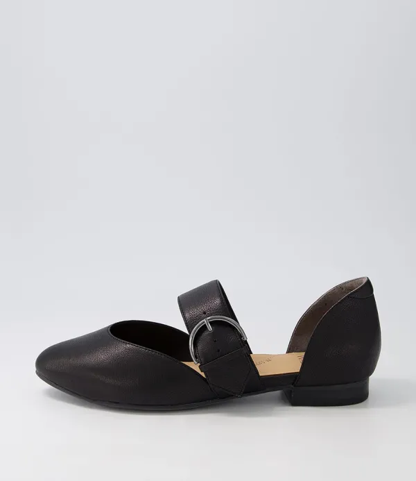 Women ZIERA Loraa W Black Buckle Leather Ballet Flats