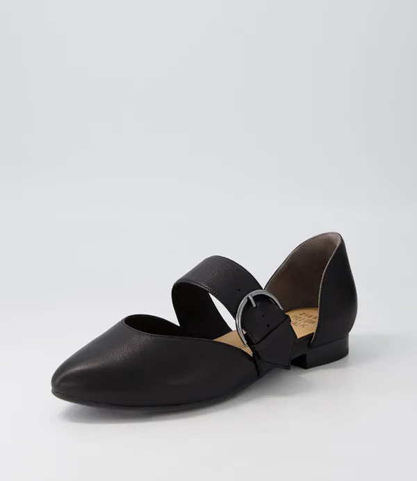 Women ZIERA Loraa W Black Buckle Leather Ballet Flats